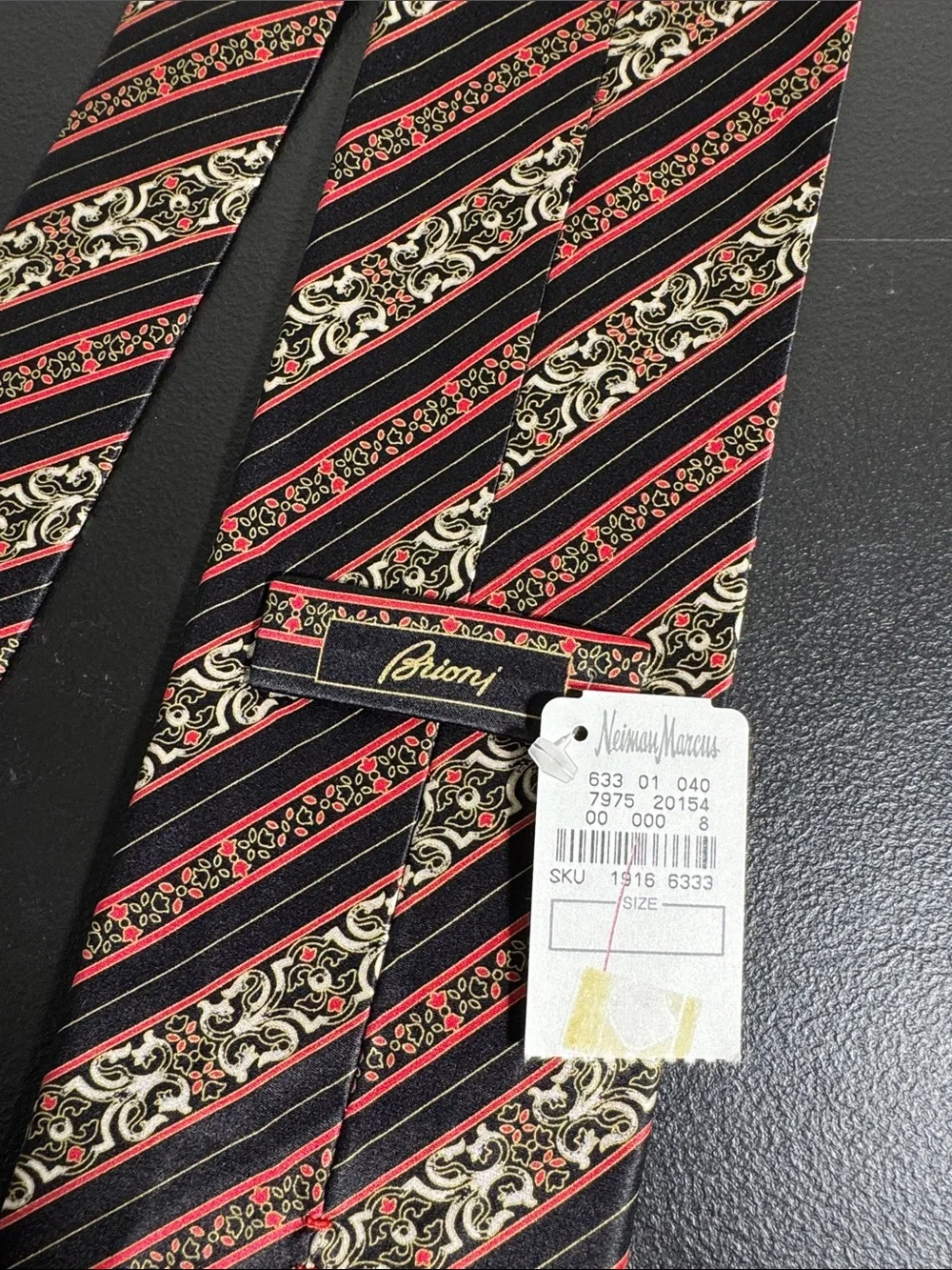 NEW Brioni mens black red stripe abstract 100% silk neck tie NWT